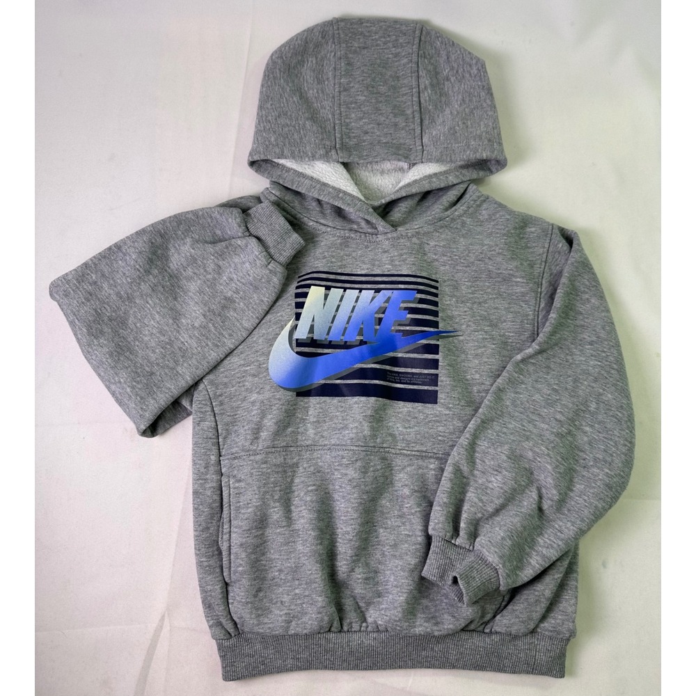 NIKE Pullover Hoodie Boys Grey Heather Blue Striped Swoosh Logo Fleece Size 7 LG